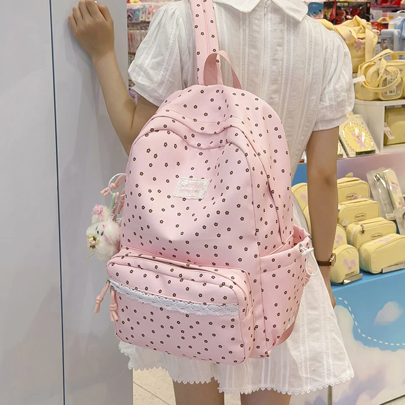 New Korean Style Ins Floral Girl Backpack with Lace High Capacity for Junior High School Students 13.3 14 Inch Laptop Backpack