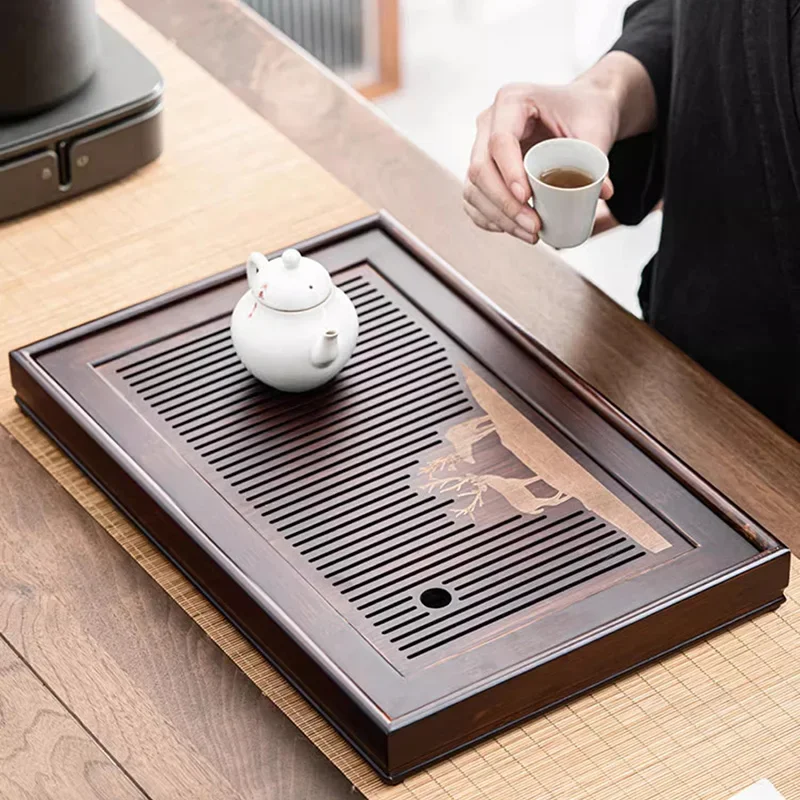 Kitchen Coffeeware Tea Tray Kettle Home Office Bamboo Serving Black Tray Vintage Luxury Bandeja Bambu Office Accessories