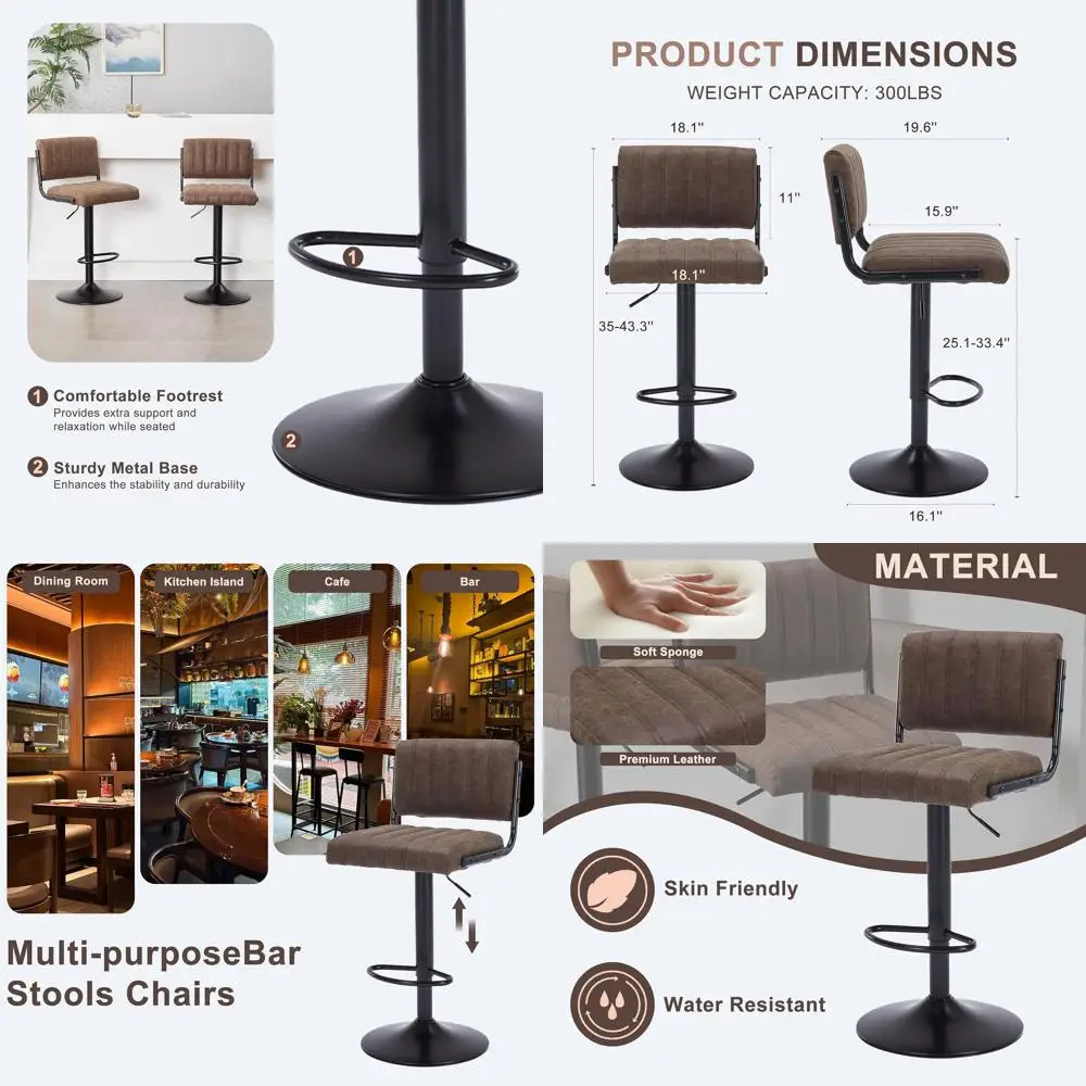 Juego de 2 taburetes de bar giratorios de cuero PU: sillas tapizadas de altura de mostrador con asiento ajustable y base duradera para cocina o ba
