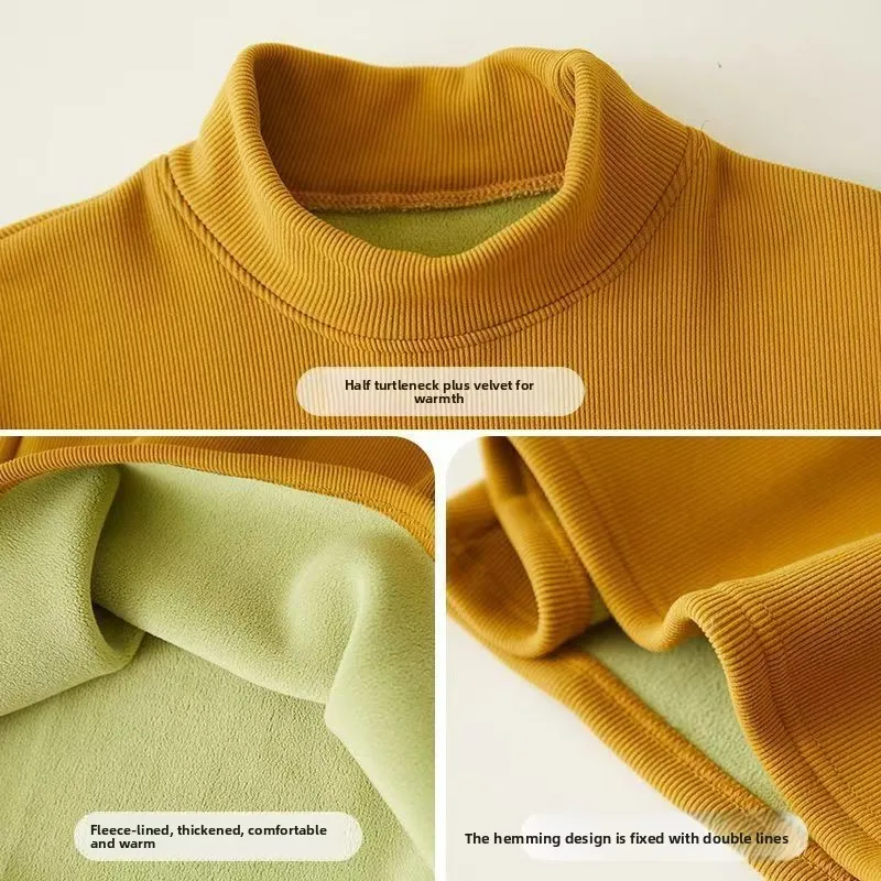 خريف شتاء جديد شبه عالية الياقة مع قاعدة مخملية سميكة قميص للنساء الخريف الدافئة طويلة الأكمام تي شيرت مع رداء علوي غير رسمي