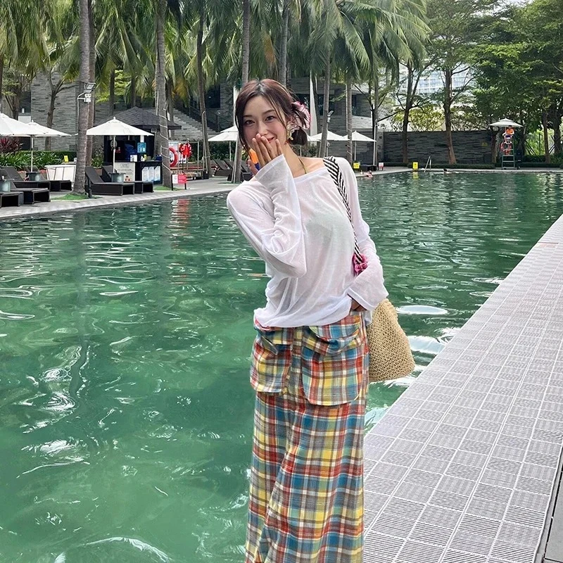 IMU School Girl Checkered Maxi Long Skirt Women Casual Split Cargo Pockets Colorful Tartan Skirt Summer Y2k Retro Clothes