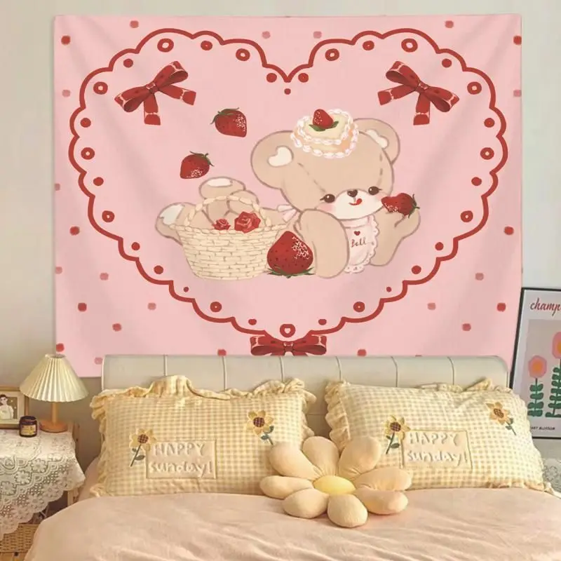 VIKAMA Teddy Bear Strawberry Heart Tapestry Wall Hanging, 6 Designs, Wall Decor for Bedroom Living Room Dorm