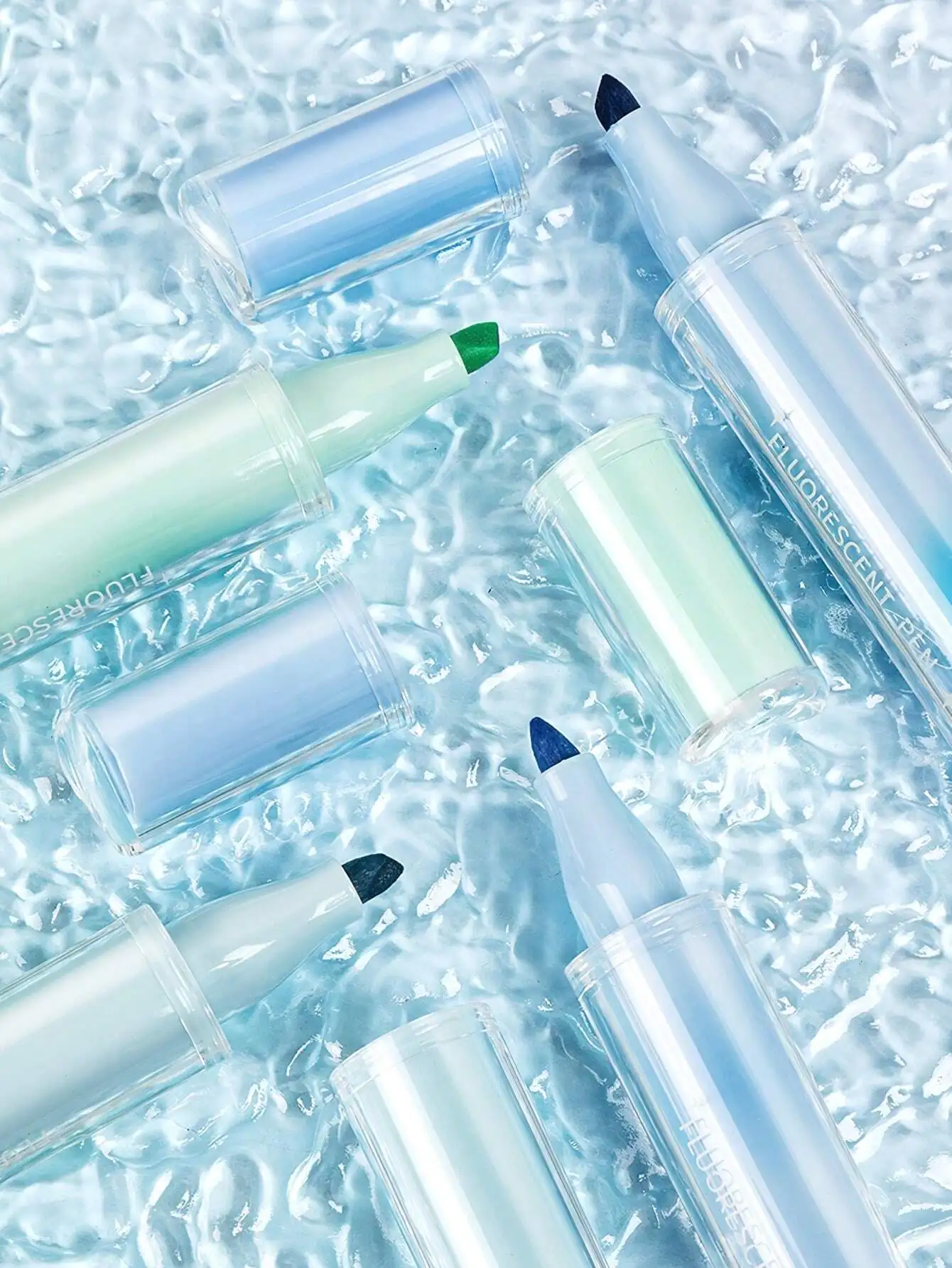 مجموعة أقلام تحديد على شكل ثلج شفاف مكونة من 4 قطع، طرف فرشاة مائل، بطانة علامة ملونة فلورسنت لرسم اللوحة