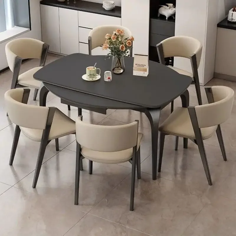 Creativity light luxury modern retractable folding home rock slab dining table full support baseplate square&round dual-purpose