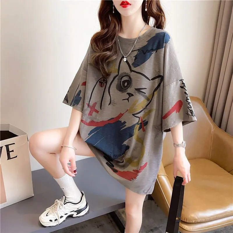 

Fashion Hand-Painted Printed Pullovers Female Clothing Casual Round Neck Summer New Thin Short Sleeve Korean Young Style T-shirt