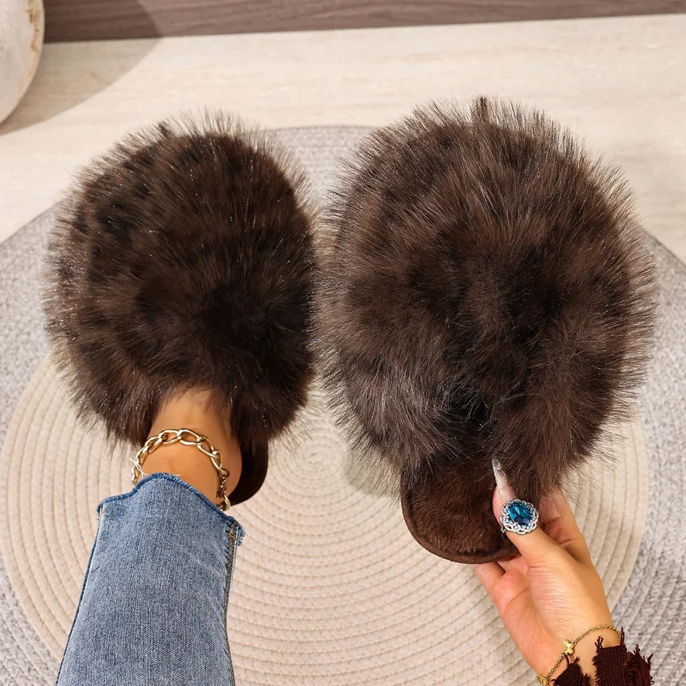 Damen Warme Hausschuhe Plüsch Leopardenfell Flauschige Pantoffeln Große Größen Geschlossene Zehenpartie Flache Sandalen Weiche Bequeme Schuhe für Frauen – Detail 16