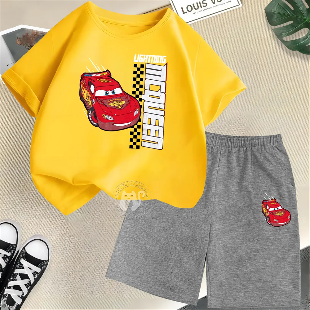 Summer Boys Girls 100% Cotton T-shirt + Shorts Cartoon Super Cool Star Racing McQueen Printed Kids Fashion Street casual suit