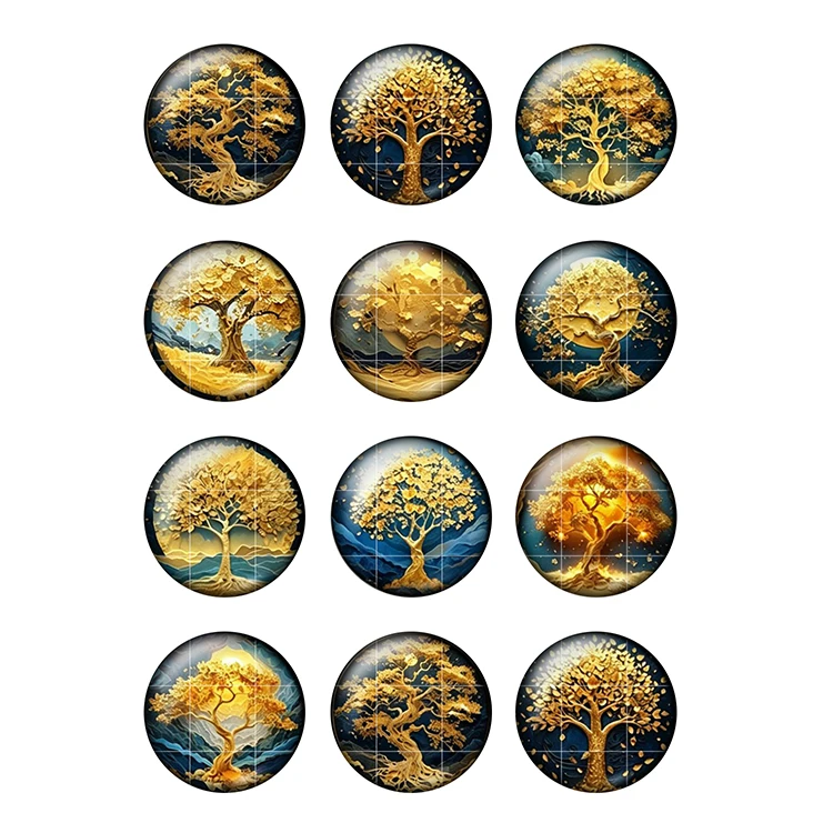 Cabochons en verre photo ronds à dos plat, motif Arbre de Vie Doré Symbole de Richesse, 12 pièces, 8mm-35mm, pour la création de bijoux T242