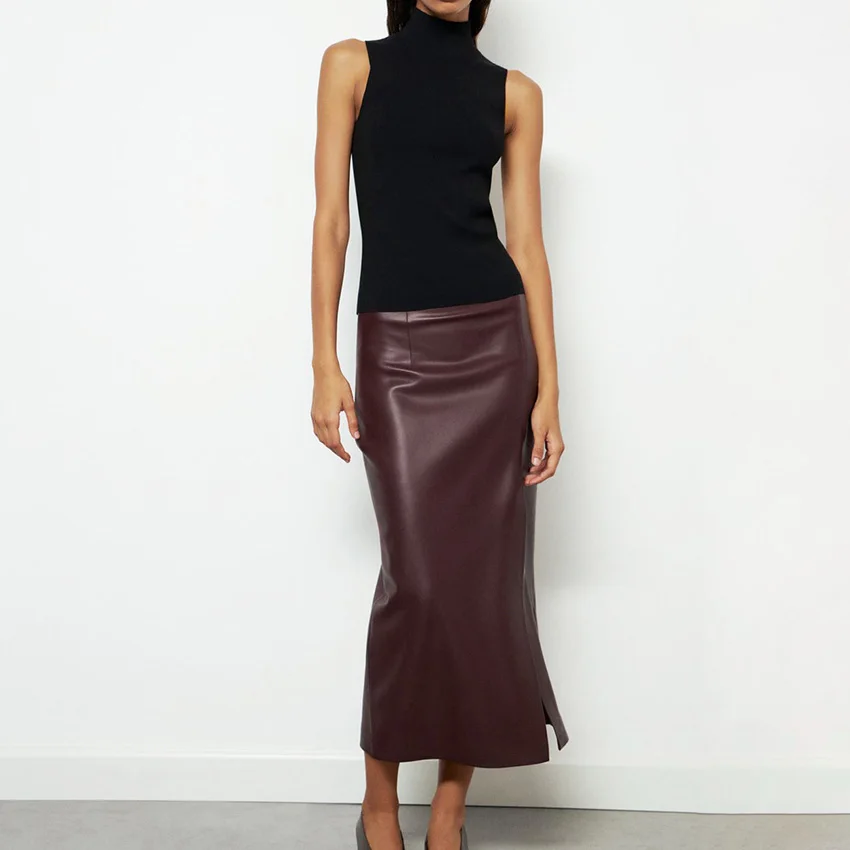 

Linad Street Chic Wine Red PU Split Skirts Women Fashion High Waist Midi Calf Skirt Office Lady Black Straight Long Skirts 2025