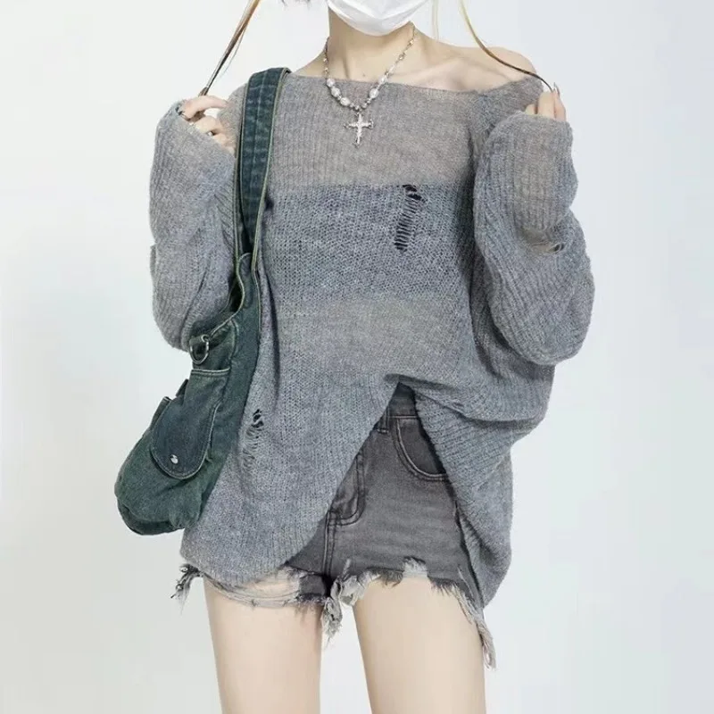 Pullovers Women Slash Neck Ripped Knitted Sweater Long-sleeved Loose Fit See-through All-match Trendy Ulzzang Sun-proof Summer