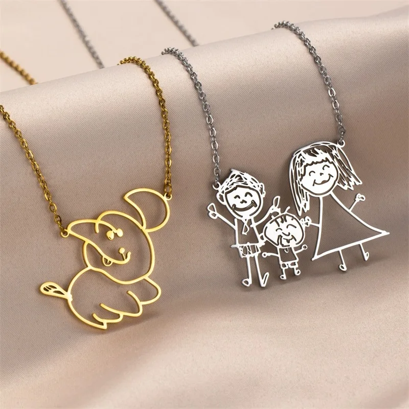 Personalized Children's Drawing Necklace Kid's Art Child Artwork Custom Photo Graffiti Necklaces Custom Name Logo Jewelry