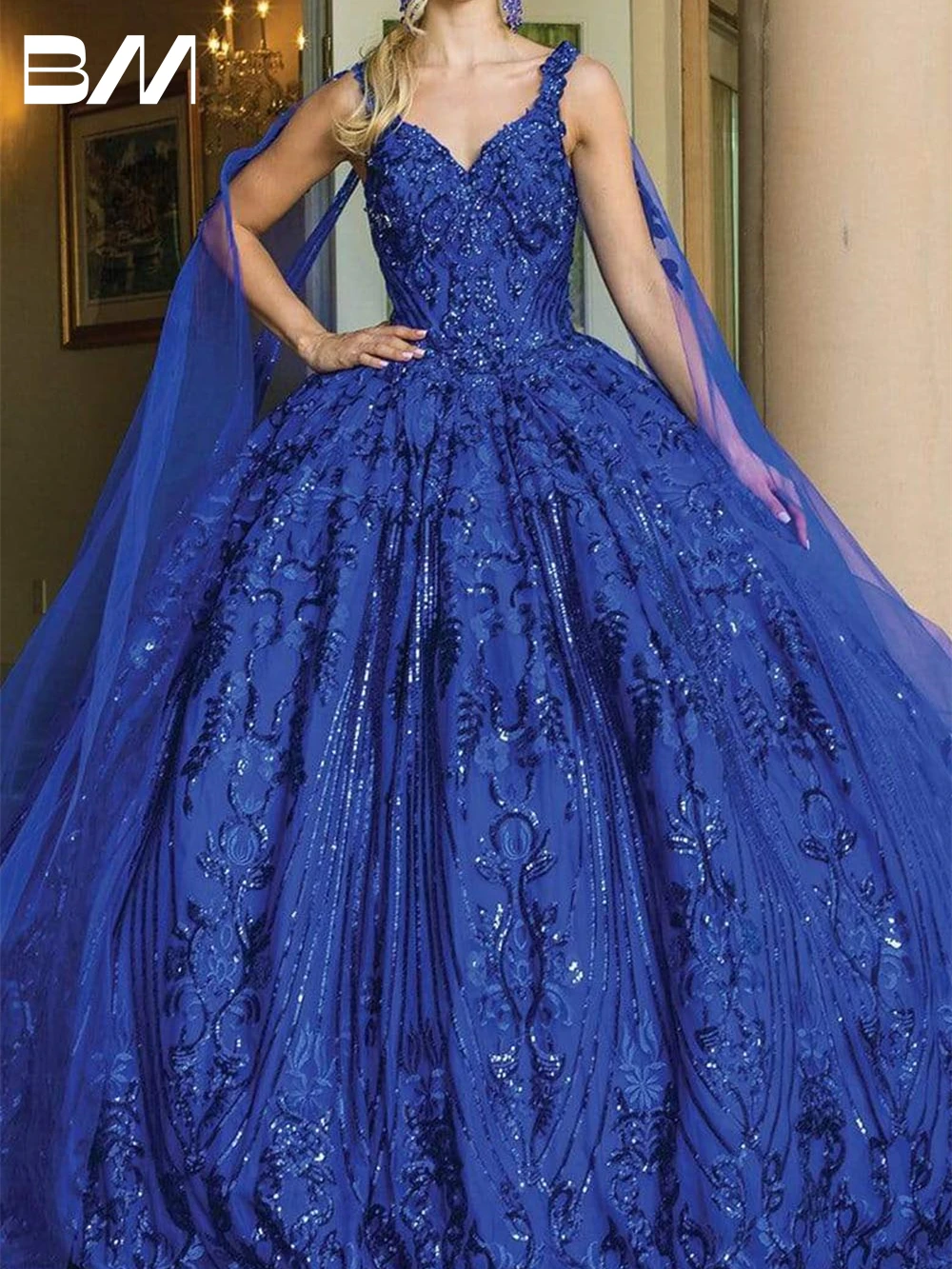 

BRLMALL Embellished V Neck Fit and Flare Gown Quinceanera Dress 2024 Royal Blue Sequined Vestidos De Baile