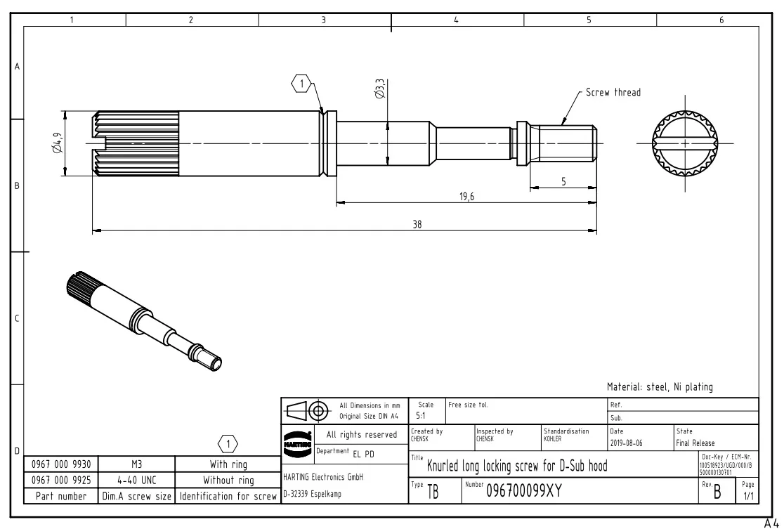 5 pz 09670009925 Harting D-Sub vite di bloccaggio lunga UNC 4-40