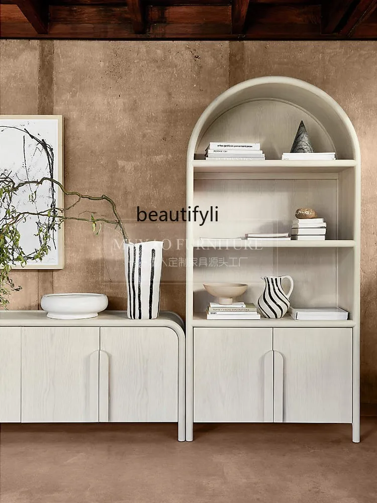 Nordic ivory white bookcase modern minimalist arched bookshelf storage study locker