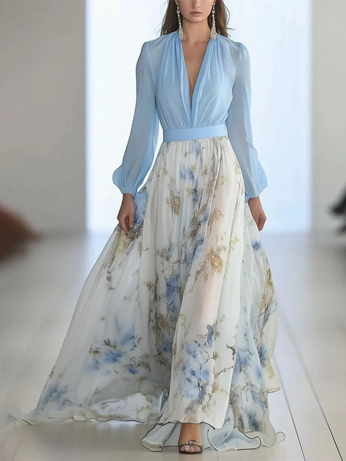 Sexy Women  V Neck Printed Long Sleeve Flowy Boho Chic Maxi Dress Elegant Women Vocation Dress