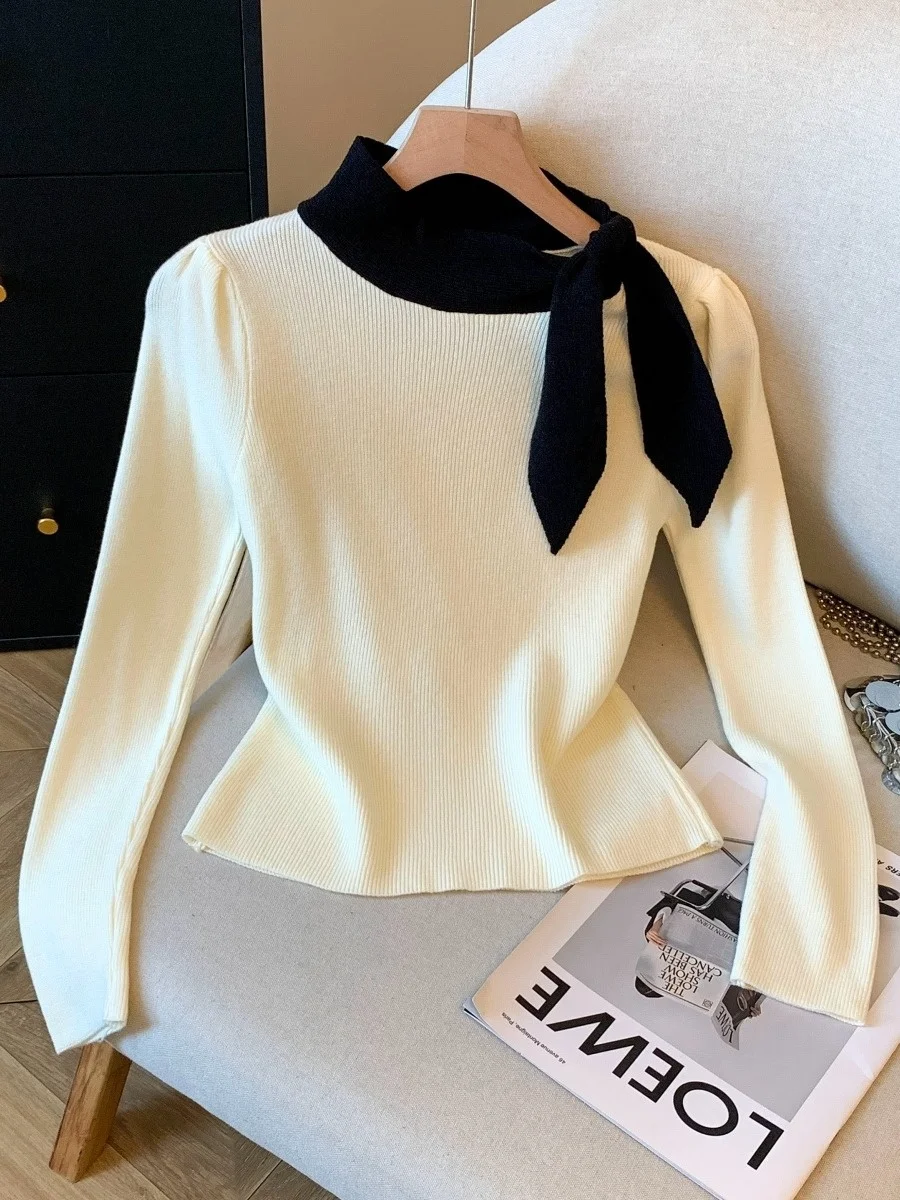 ملابس محبوكة ضيقة للنساء بتصميم فريد مع عقدة فراشية، تبرز الخصر وتنحف الجسم، أنيقة للخريف والشتاء ومناسبة للعمل #4