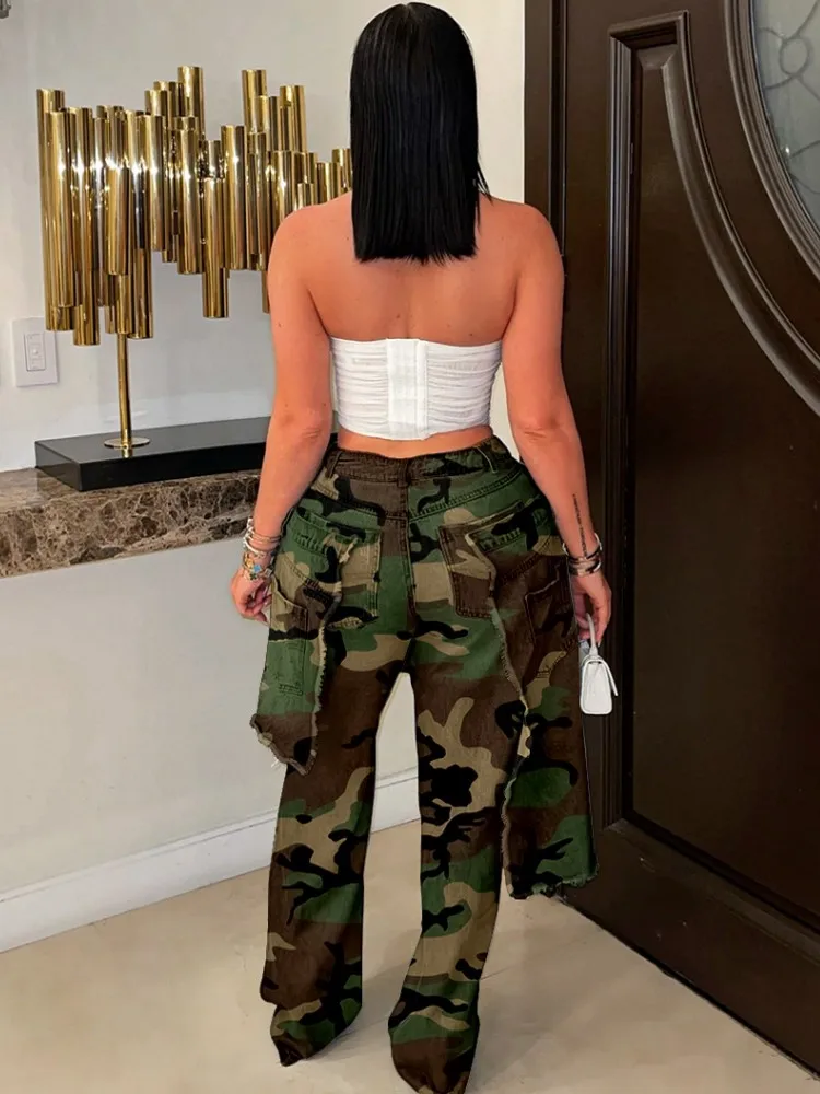 Women High Waist Camouflage Pants Hole Straight Pants Long Jeans Casual Trendy Trousers 2025 Autumn Winter New Denim Trousers