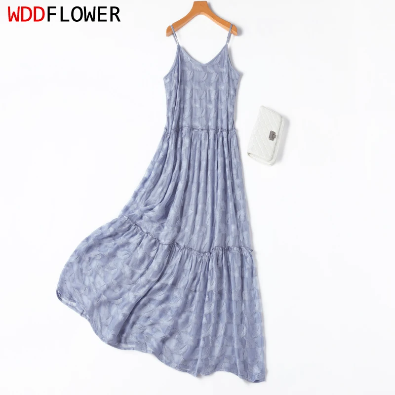 

Women Chemise Dress 100% Mulberry Silk With Lining Embroidery Spaghetti Straps Big Hem Slip Summer Beach M L XL M1179