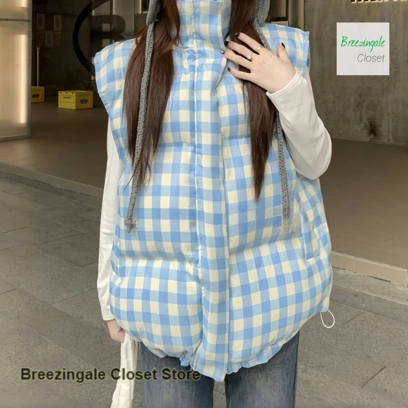 

Корейский стиль, большие размеры, пуховик с хлопковой подкладкой, жилет, женский осенне-зимний новый клетчатый свободный повседневный модный жилет Joker.