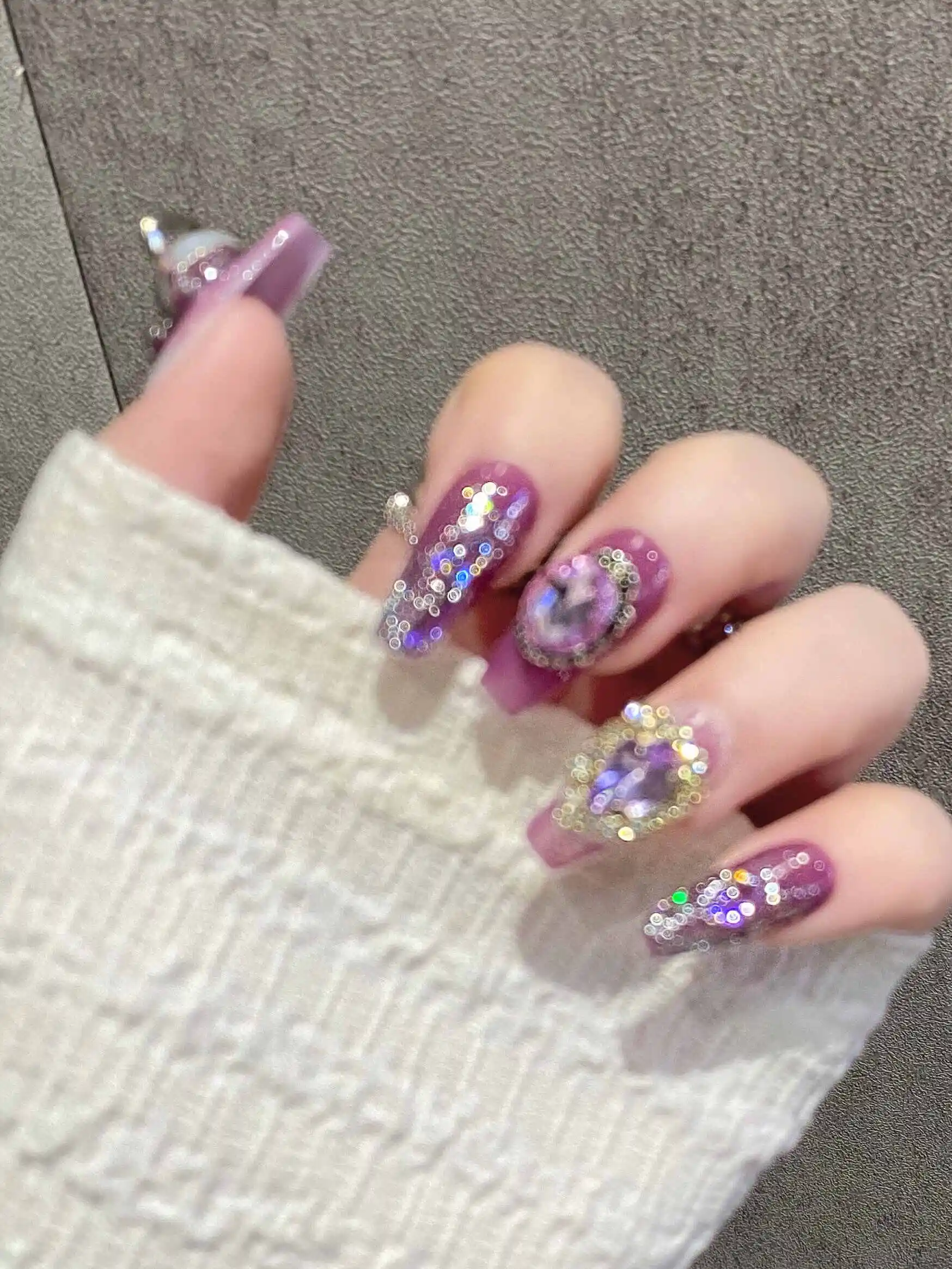 

Handmade 3d bling Luxury Crystal Press on Nails Sqaur purple False Nails Planet Full Cover Rhinestones False Nails