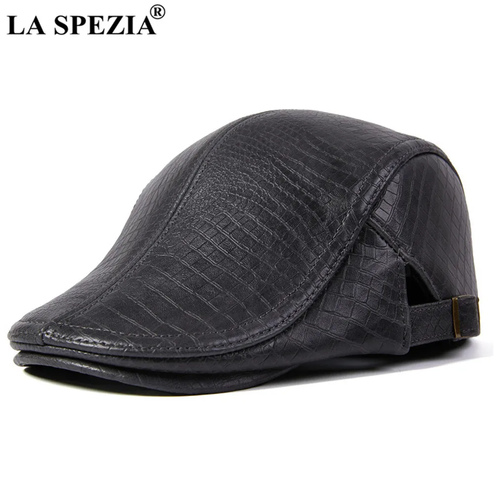 LA SPEZIA Beret Hat Genuine Leather Flat Cap for Men Burgundy Alligator Real Leather Newsboy Vintage Male Winter Duckbill Hats