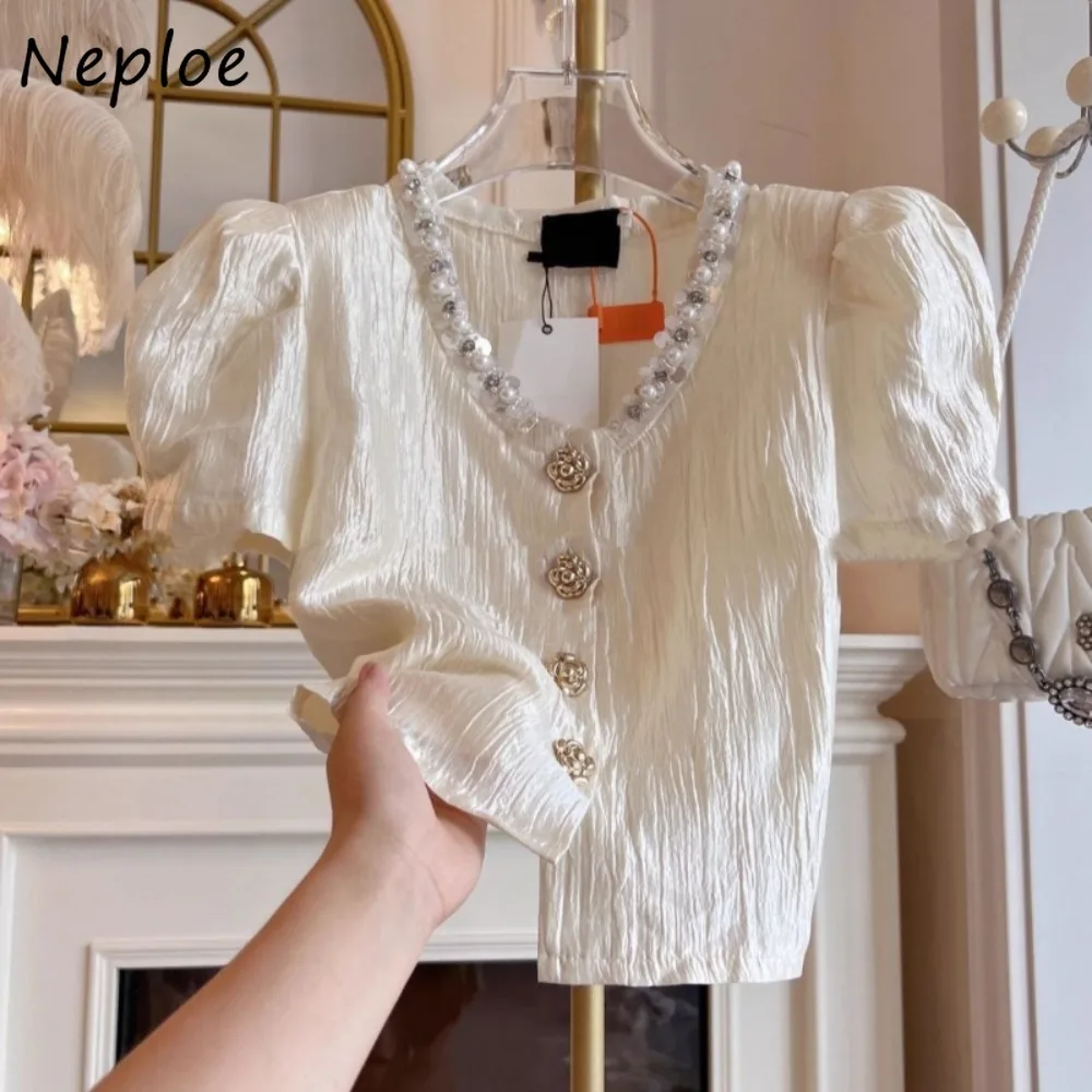 

Neploe Elegant Celebrity French Summer New Shirt Diamonds V Neck Short Ruched Women Clothing All-match Short Puff Sleeve Blusas