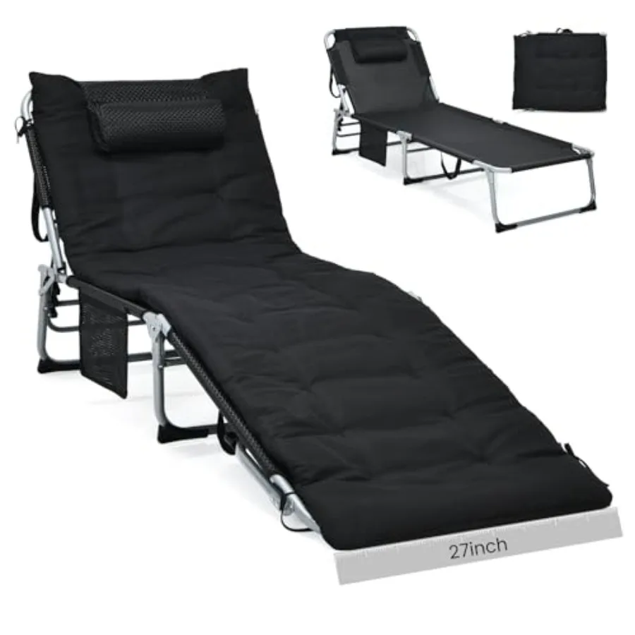 

Camping Cot 27" Lounge Chair Outdoor w/Mattress Headrest Side Pocket and Carry Strap 3 in 1 Folding Layout Tanning Lounger Port