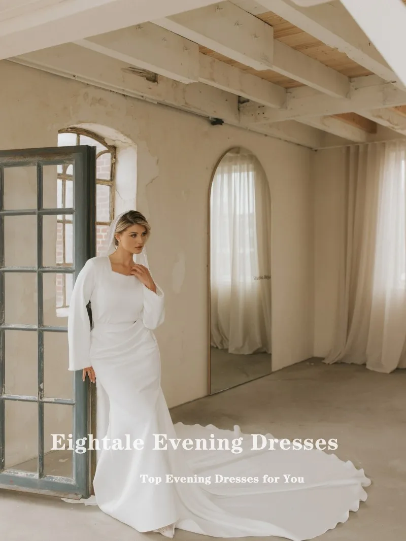 ชุดแต่งงานแบบอาหรับ Eightale สีไอวอรี่ แบบสั่งตัด ประดับลูกปัด คอวี แขนยาว ทรงเมอร์เมด สำหรับเจ้าสาวมุสลิม ชุดงานเลี้ยง