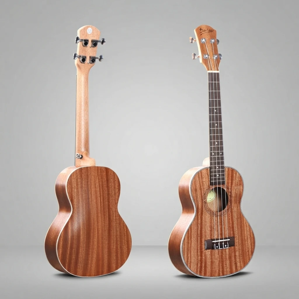 Unified Brown Gloss Soprano Ukulele, Black Closed Tuners, 4 Strings, Multi Layer Binding, Decorative Rosette for Beginners