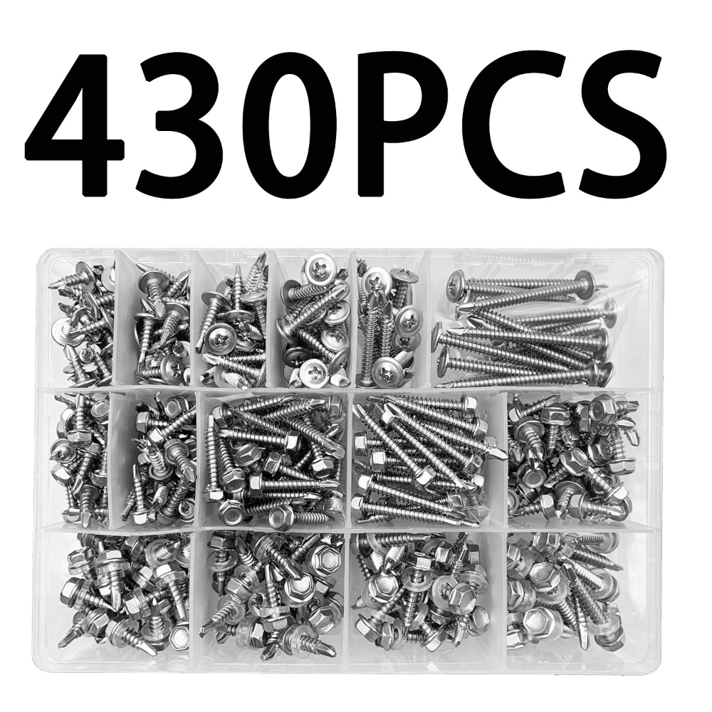 430pcs 410 Stainless Steel British Standard Cross Screws Hexagonal Wass Drill Tail Screws A4-70 Hexagonal Drill Tail Screw Box