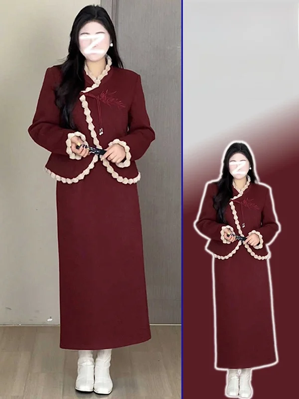 

Модный комплект: теплый пальто в китайском стиле больших размеров и красная юбка с завышенной талией для женщин. Весенне-осенняя верхняя одежда.