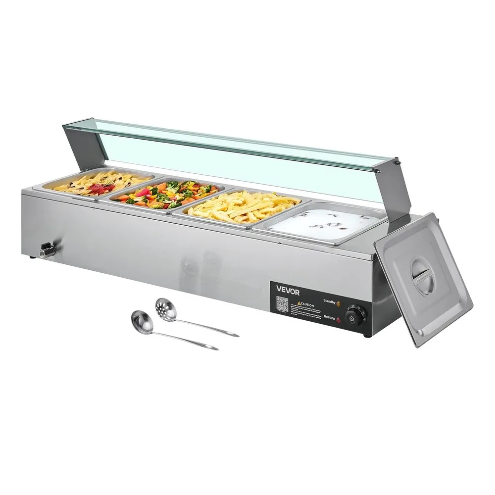 Commercial Food Warmer 1500W Electric Stainless Steel Steam Food Warmer with Glass Cover 4 Pan Countertop Buffet Bain