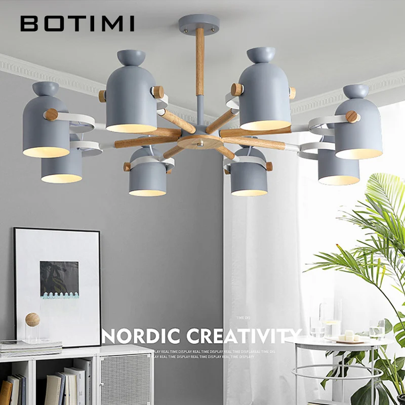 BOTIMI New arrival Nordic Chandelier With White Metal Lampshade For Living Room Modern Wooden Bedroom Gray Green LED  Lustres