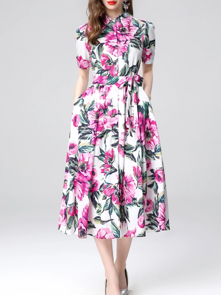 

Elegant Printed Lapel Short Sleeved Lace Up Waist Dress 2026 New Fashionable Women'S Summer Clothing