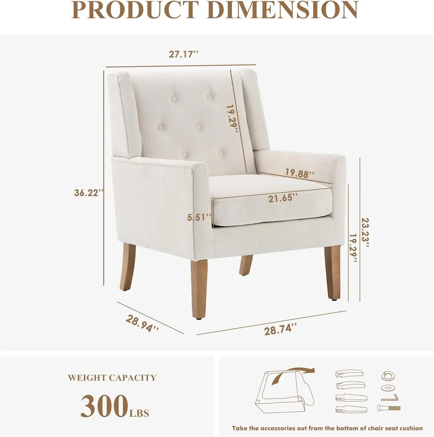 2026 Mid-Century Modern Wingback Accent Chair Beige Button Tufted Fabric Armchair Upholstered Back for Bedroom Reading Spaces Li