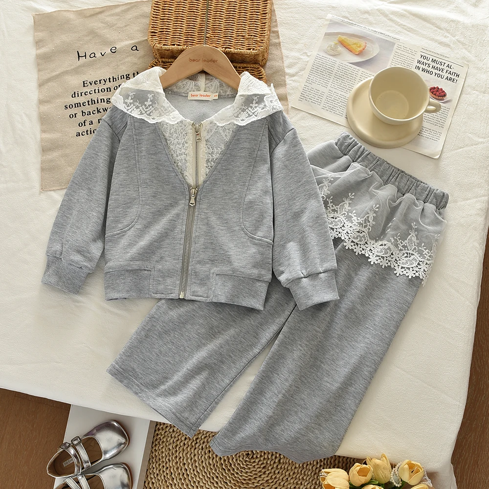 Bear Leader Korean style Grey Casual Sports Girls Clothing Autumn Long Sleeved Lace Patchwork Hoodie+Pants Fashion Two-piece Set