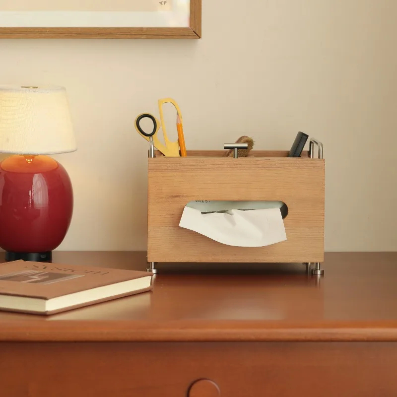 

‌Vintage Tissue Box, Solid Wood Tabletop OrganizerAesthetic Desktop Decor with Cable Management‌