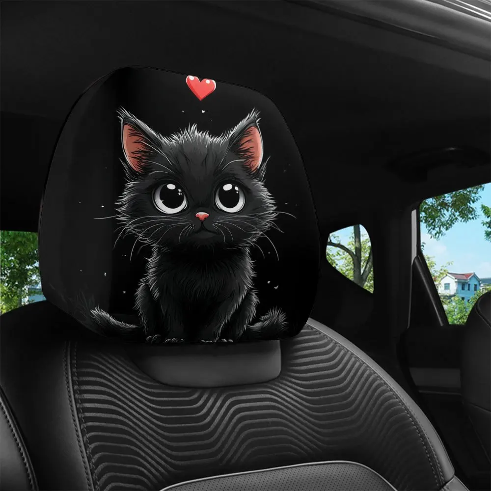 2Pcs Headrest Covers Car 2Pcs Headrest Covers Car Funny 2Pcs, cute big-eyed black cat printed car head pillowcase, four-season