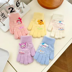 Sanrio-guantes cálidos de invierno para niños, bonitos dibujos animados, escritura de niñas, cinco dedos divididos, tejido de punto, 6-12 años