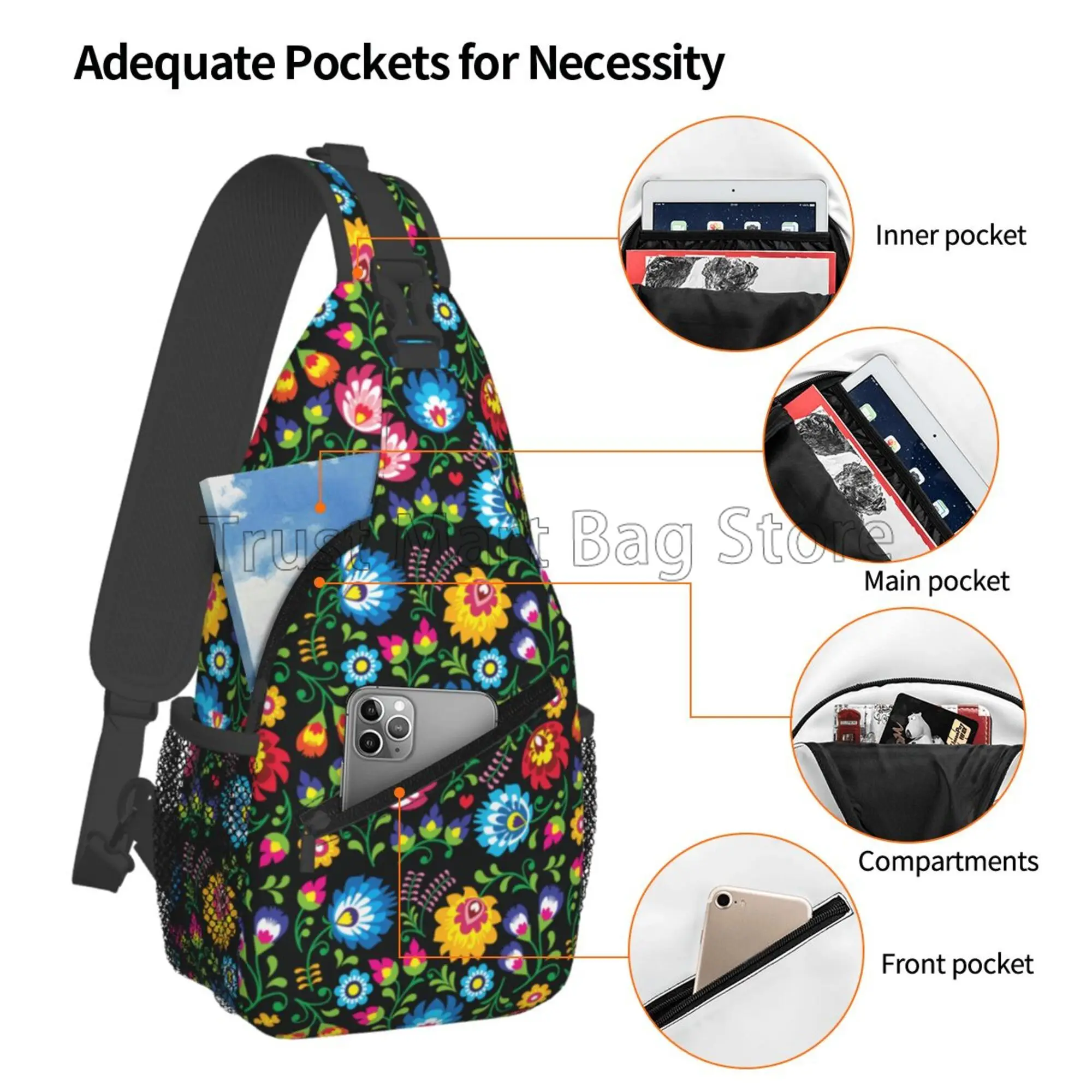 Poland Polish Floral Folk Art Flower Sling Backpack Chest Bags Crossbody Daypack for Travel Hiking Camping Casual Shoulder Bag