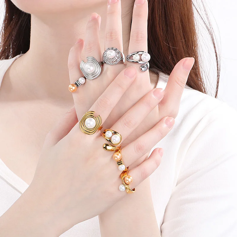 Simple Fashion Shell Pearal Stainless Steel Rings For Women Unique Elegant Gold Silver Color Wedding Party Jewelry Gifts