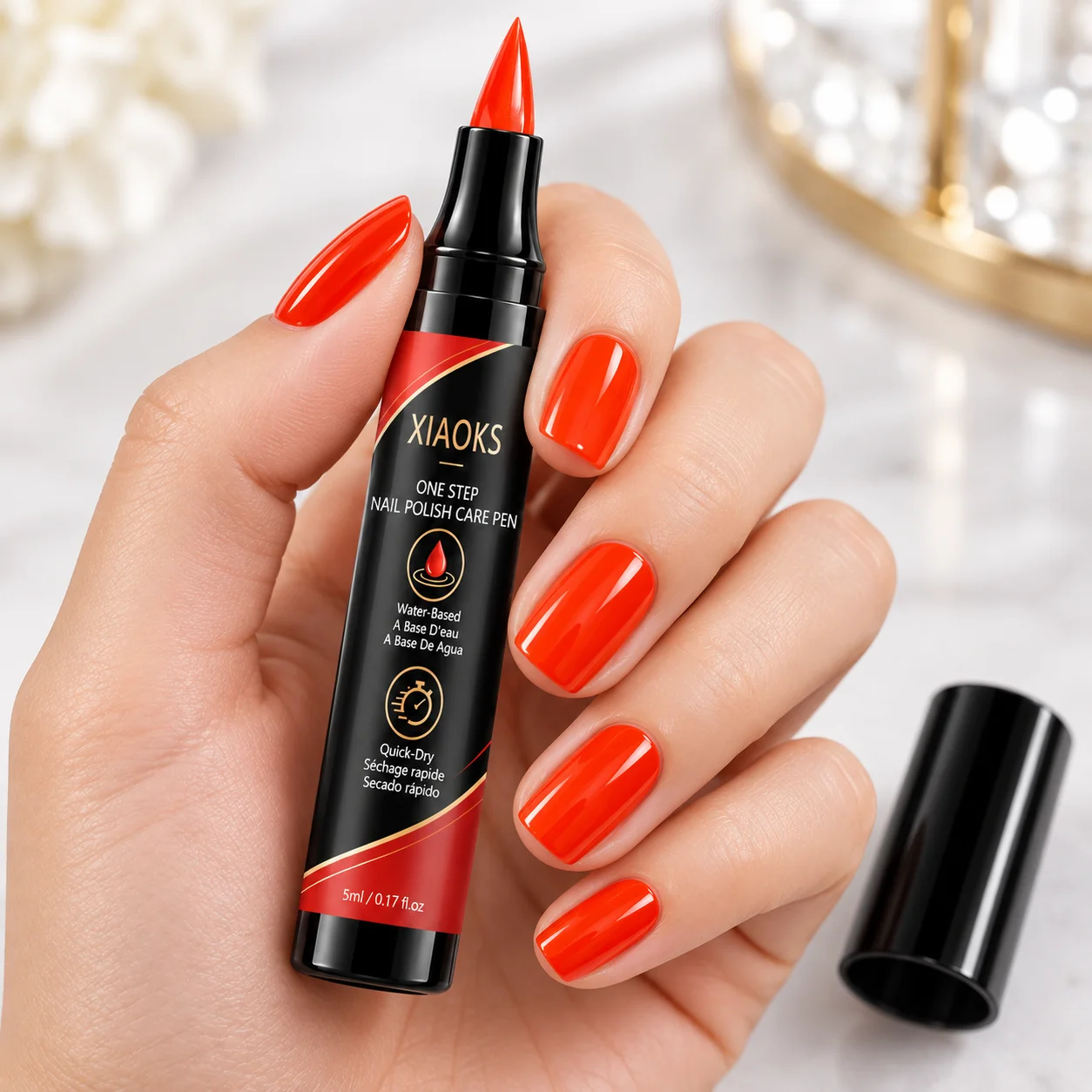 Xiaoks Bright Orange-Red One-Step Nail Art Pen, Featuring Finely Selected French Pearlescent Powder for Intense Color and Durability, with a Gentle Base Formula, the Color Applies Smoothly and Evenly, No Need for Baking or Curing, Quick-Drying Without the Need for a Lamp, Quickly Forms a Waterproof Nail Film, the Film Surface Resists Daily Friction and Scratches, the Color Adheres Firmly and Is Not Prone to Peeling Off at the Edges, Suitable for Home DIY Salon Manicures, Suitable for Various Occasions Such as Holidays and Dates, Can Be Used as a Gift Item