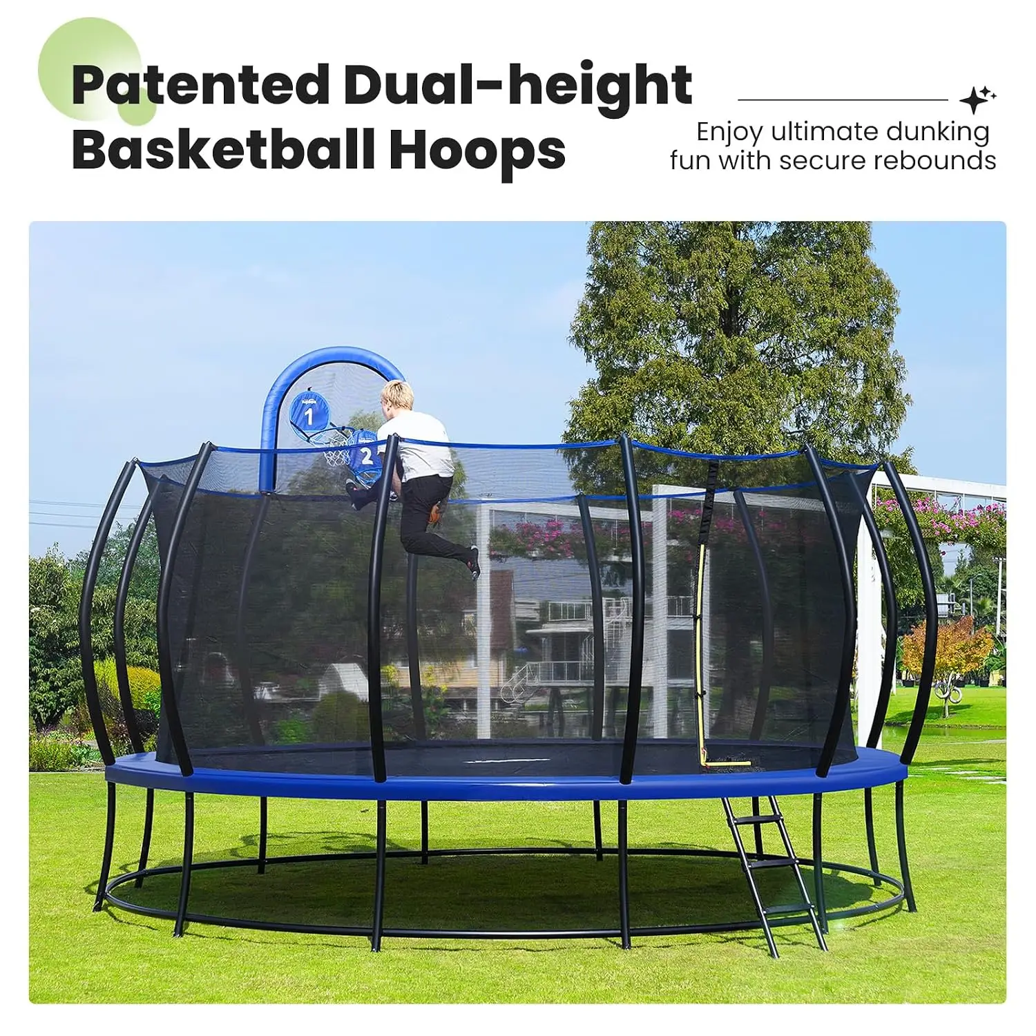 1800LBS Capacity No-Gap Design 16 15 14 12FT Trampoline with Safety Enclosure Net and Non-Slip Ladder 10-Year, Customized