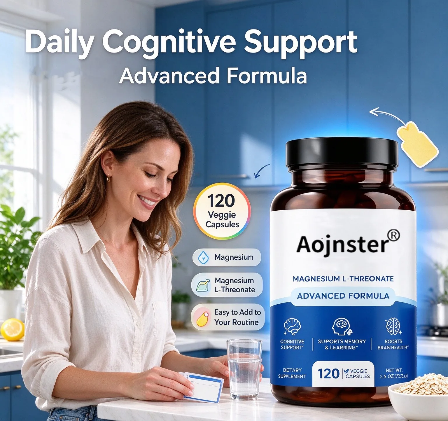 Magnesium L-Threonate Capsules, Advanced Formula, High Bioavailability, Plant-Based, Easy Swallow, Daily Nutritional Supplement