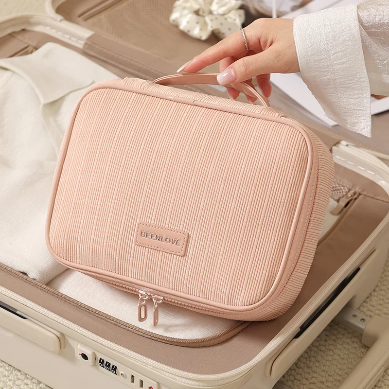 Bolsa de maquillaje de pana portátil de alta gama para mujer, caja de almacenamiento de cosméticos con cremallera, organizador de artículos de tocador de viaje, bolsa de lavado multizona