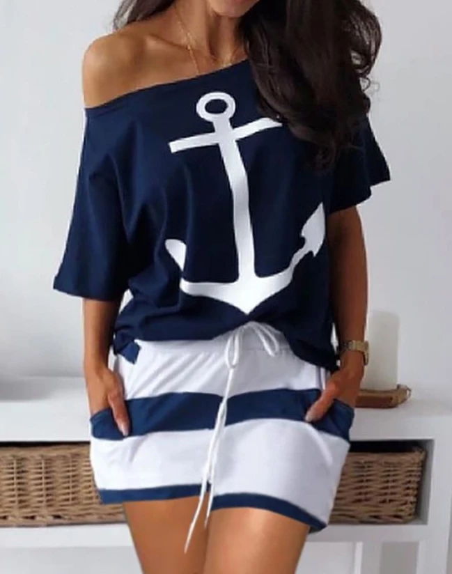 

Boat Anchor Print T-Shirt & Striped Drawstring Skirt Set