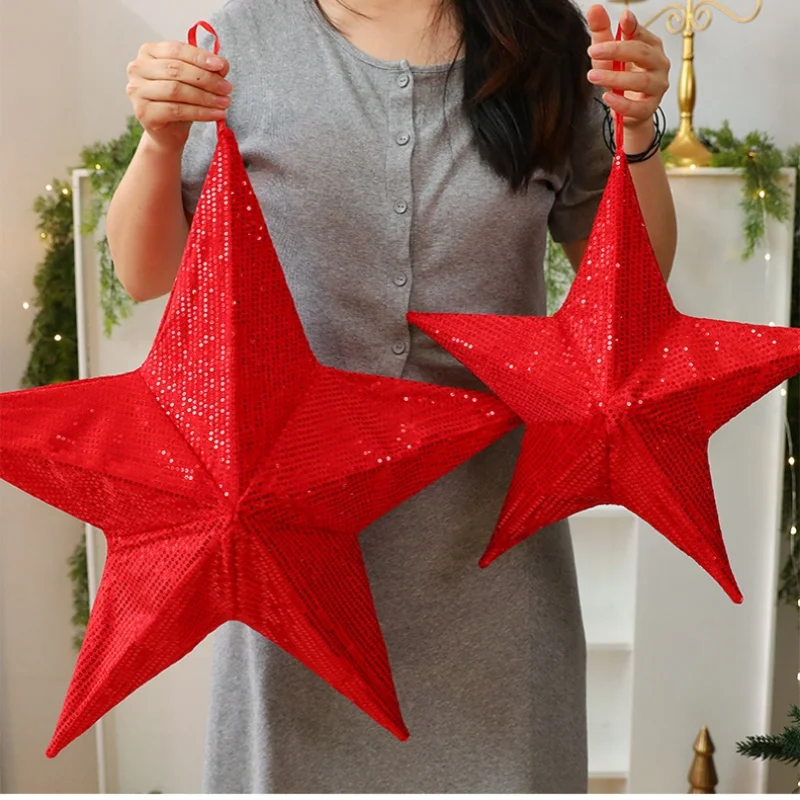 

35/55cm Christmas Gold Star Decoration Pentagram Hanging Red with Stereoscopic Red Star Glitter Christmas Tree Decor Hanging