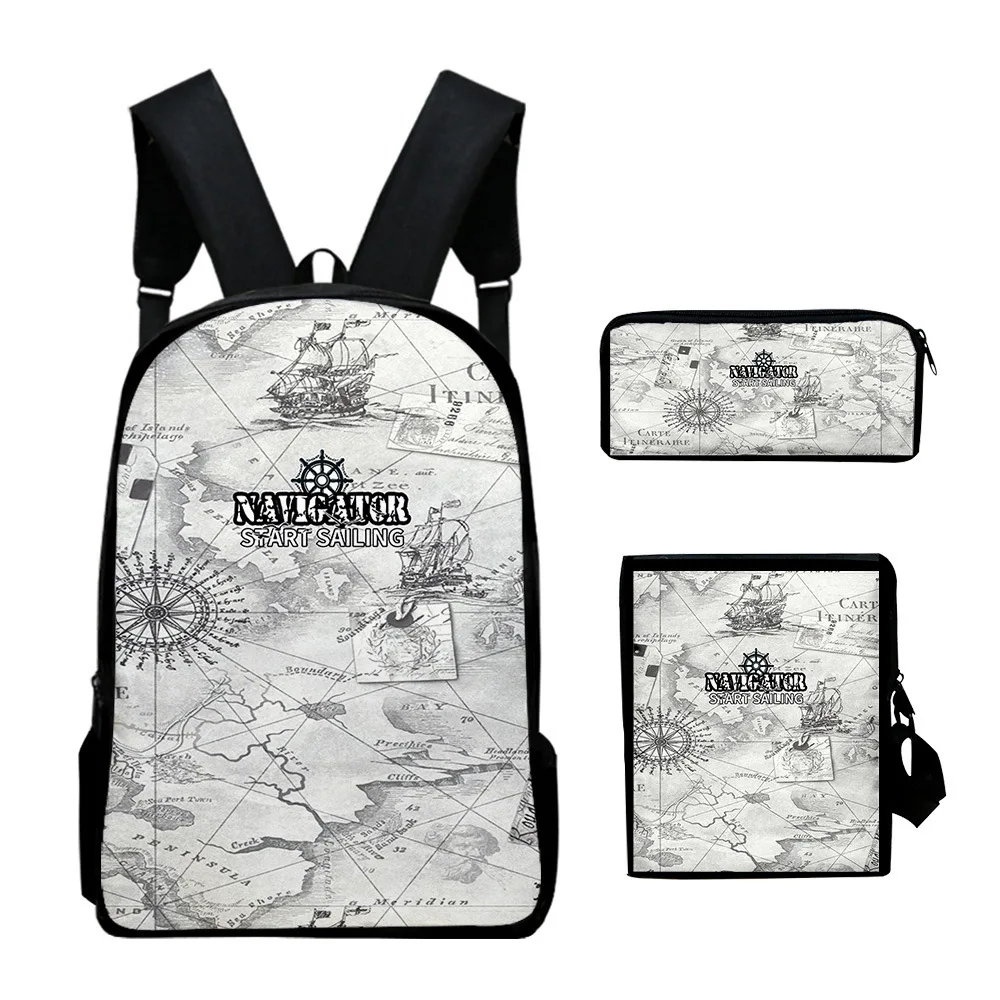 Classic Novelty Retro navigation 3D Print 3pcs/Set pupil School Bags Laptop Daypack Backpack Inclined shoulder bag Pencil Case