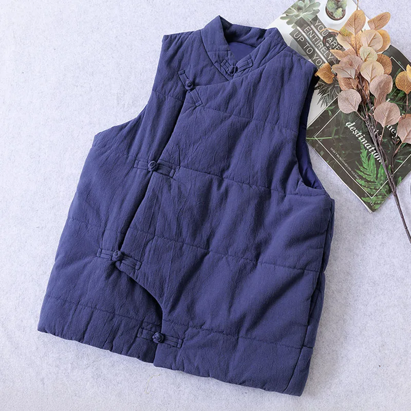 

Утепленная хлопковая майка с воротником-стойкой, женское свободное пальто без рукавов с этнической лягушкой на пуговицах, осенне-зимняя хлопково-льняная куртка