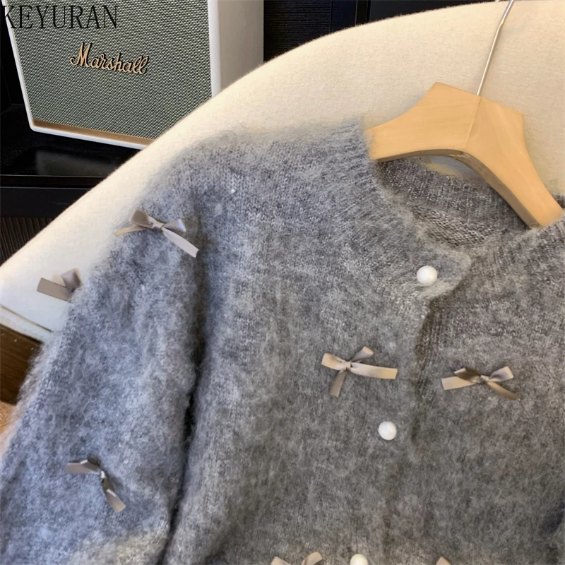 Kawaii Gray Bow Sweater Women Knitted Cardigan Aesthetic Vintage O-Neck Long Sleeve Knitwear Jumper Mori Girl Korean Y2K Tops